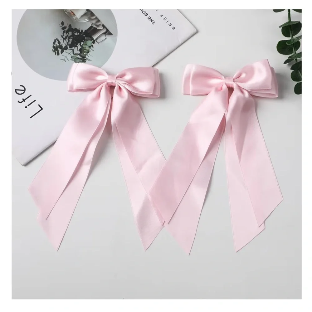 Pink Satin Ribbon Bow Hair Clip Double Layer Long Tail Coquette Balletcore